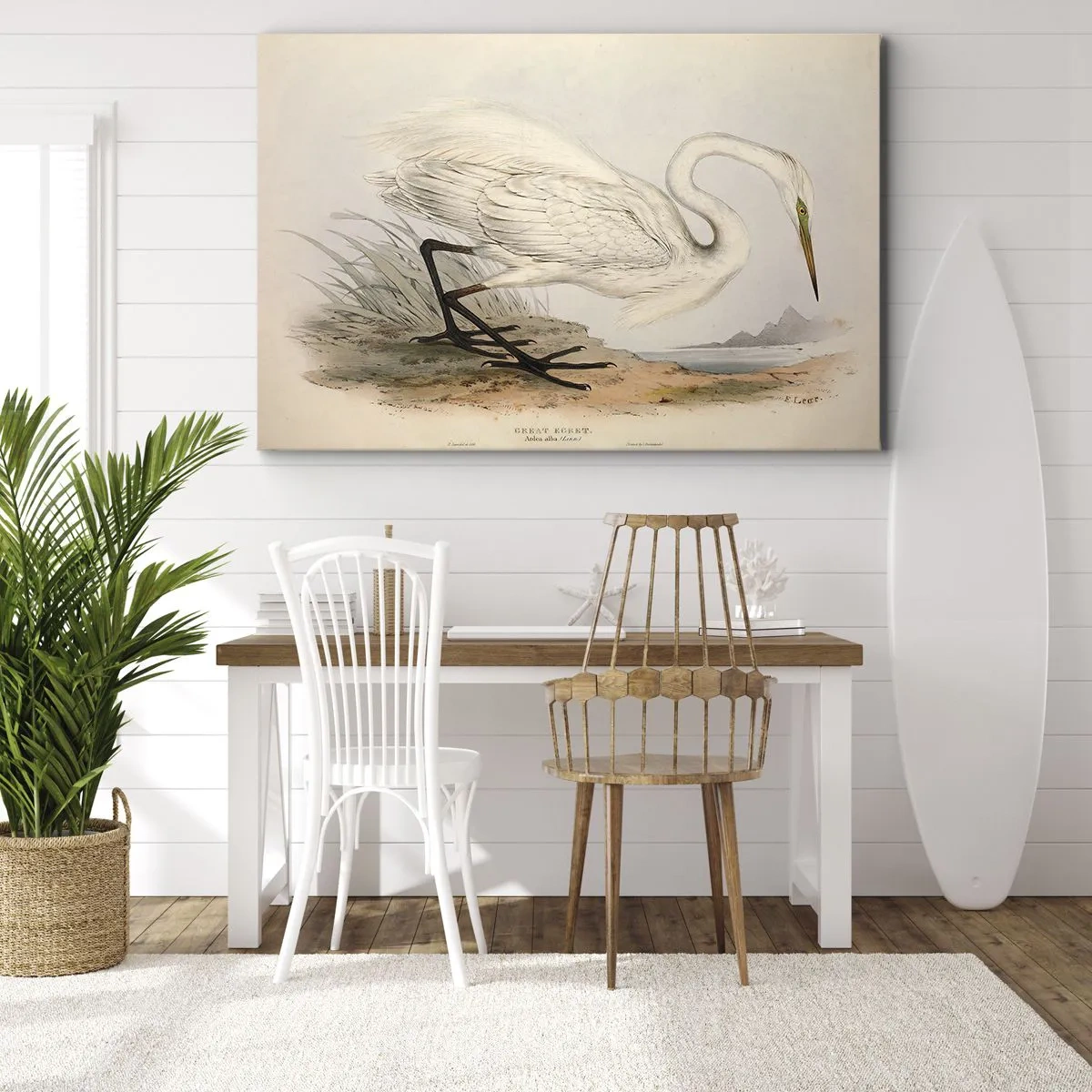 Impression sur toile - Image sur toile - Dessin d'un héron blanc sur fond de paysage naturel - 70x50cm - Dame sur les joncs - Décoration murale moderne pour le salon et la chambre ARTTOR