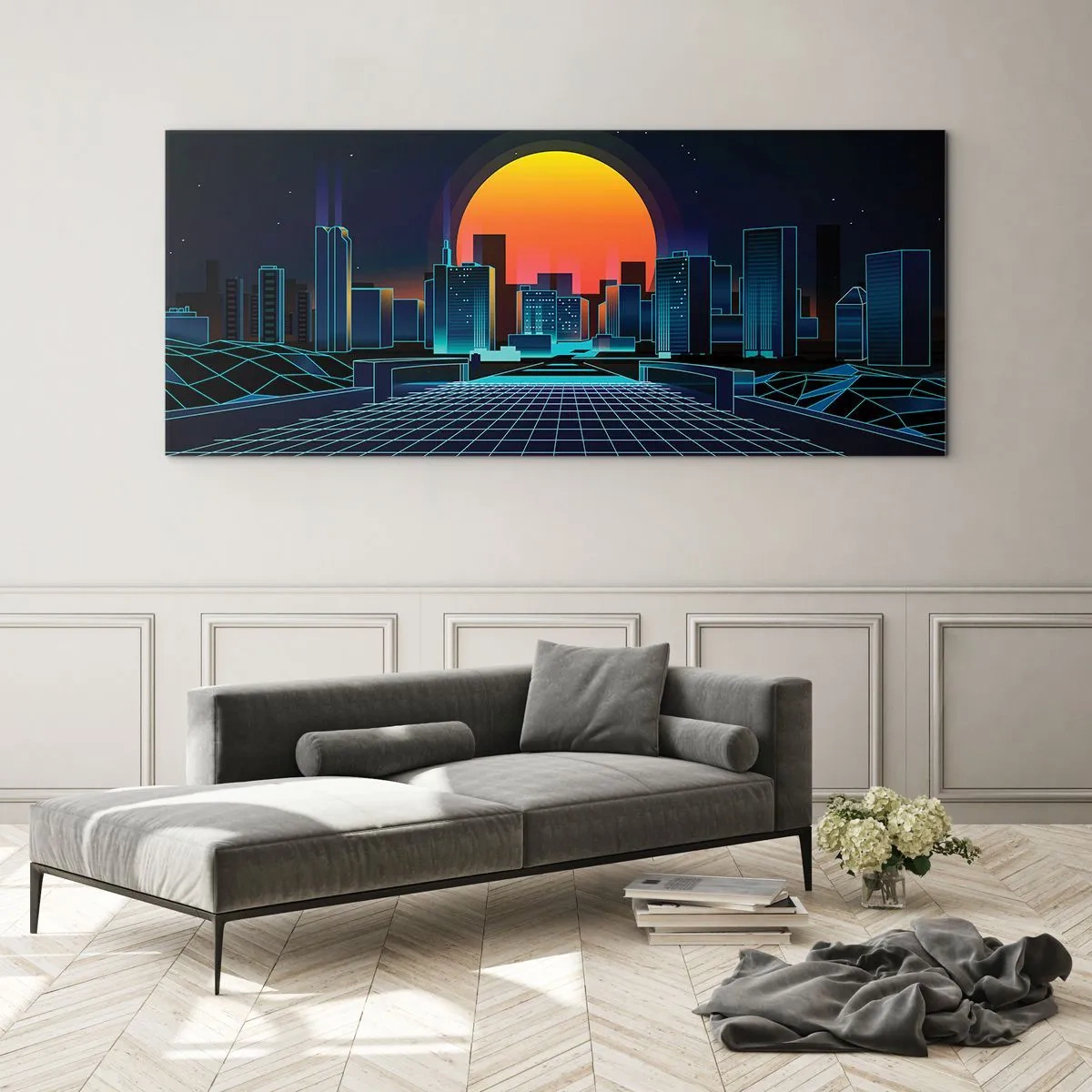 Impression sur verre - Image sur verre - Horizon urbain futuriste de style néon - 120x50cm - Vous voulez toujours passer au réel ? - Décoration murale moderne pour le salon et la chambre ARTTOR