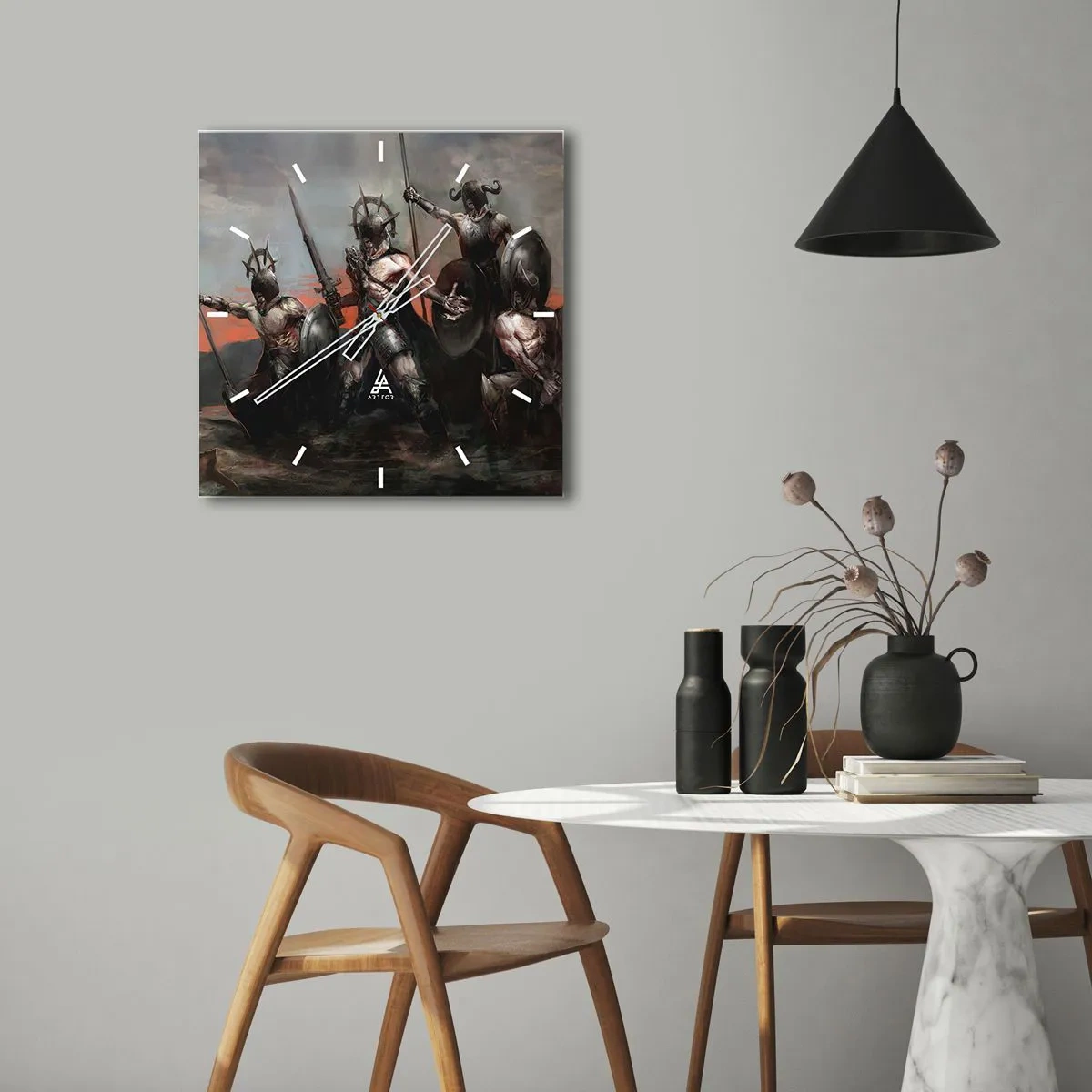 Horloge murale - Pendule murale - Un groupe de guerriers en armure avec des lances sur fond de coucher de soleil - 30x30cm - Avec ou sur un bouclier - Décoration murale moderne pour le salon et la chambre ARTTOR