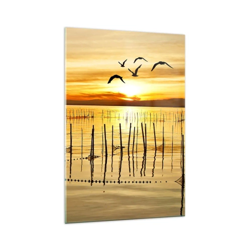 Impression sur verre - Image sur verre - Coucher de soleil sur l'eau avec des oiseaux en vol - 70x100cm - À la pêche - Décoration murale moderne pour le salon et la chambre ARTTOR