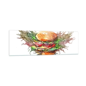 Impression sur verre - Image sur verre - Illustration artistique d'un burger avec des éléments dynamiques - 160x50cm - Tentation chaude - Décoration murale moderne pour le salon et la chambre ARTTOR