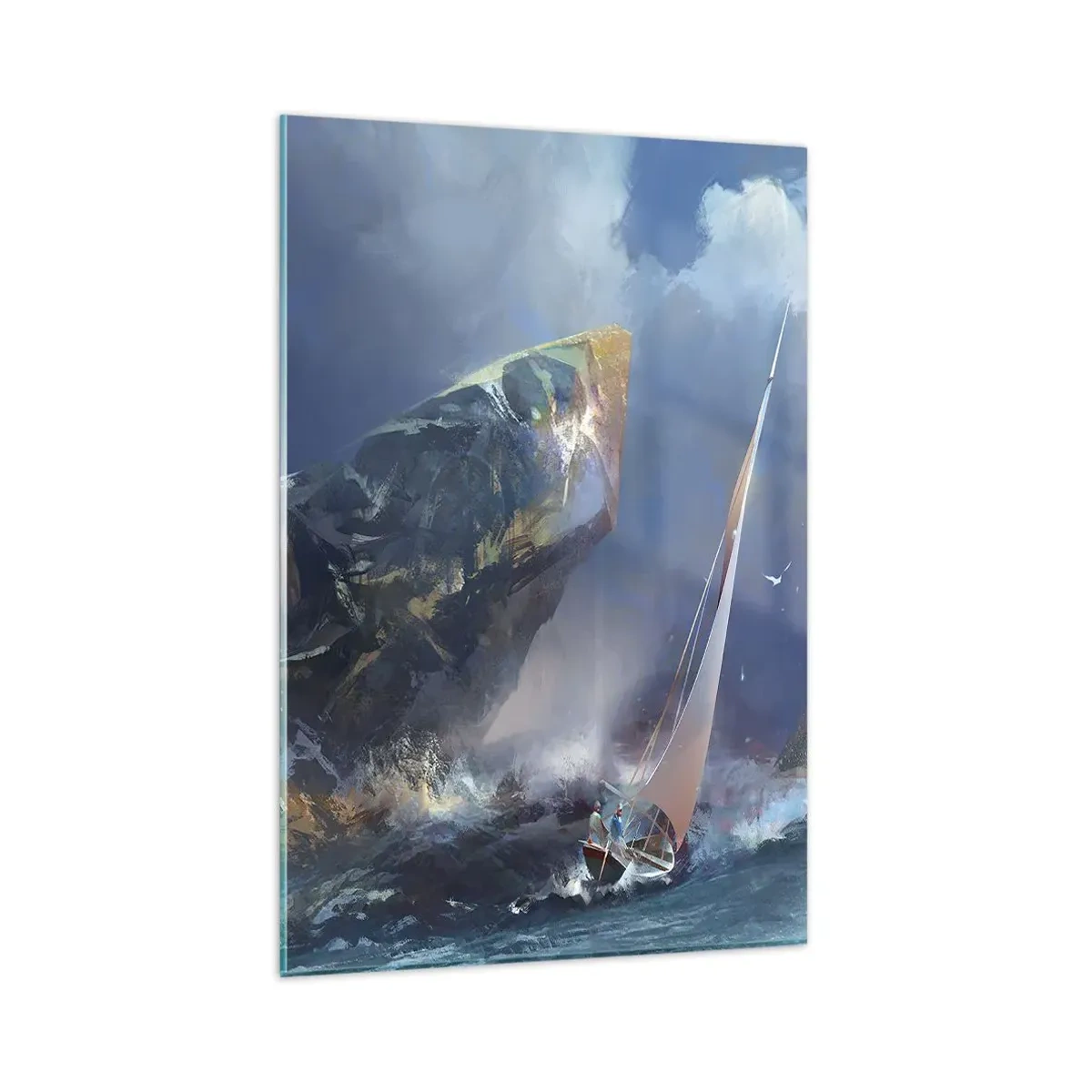 Impression sur verre - Image sur verre - Un voilier dans une tempête au pied d'un rocher massif - 80x120cm - Celui qui est courageux, gagne - Décoration murale moderne pour le salon et la chambre ARTTOR