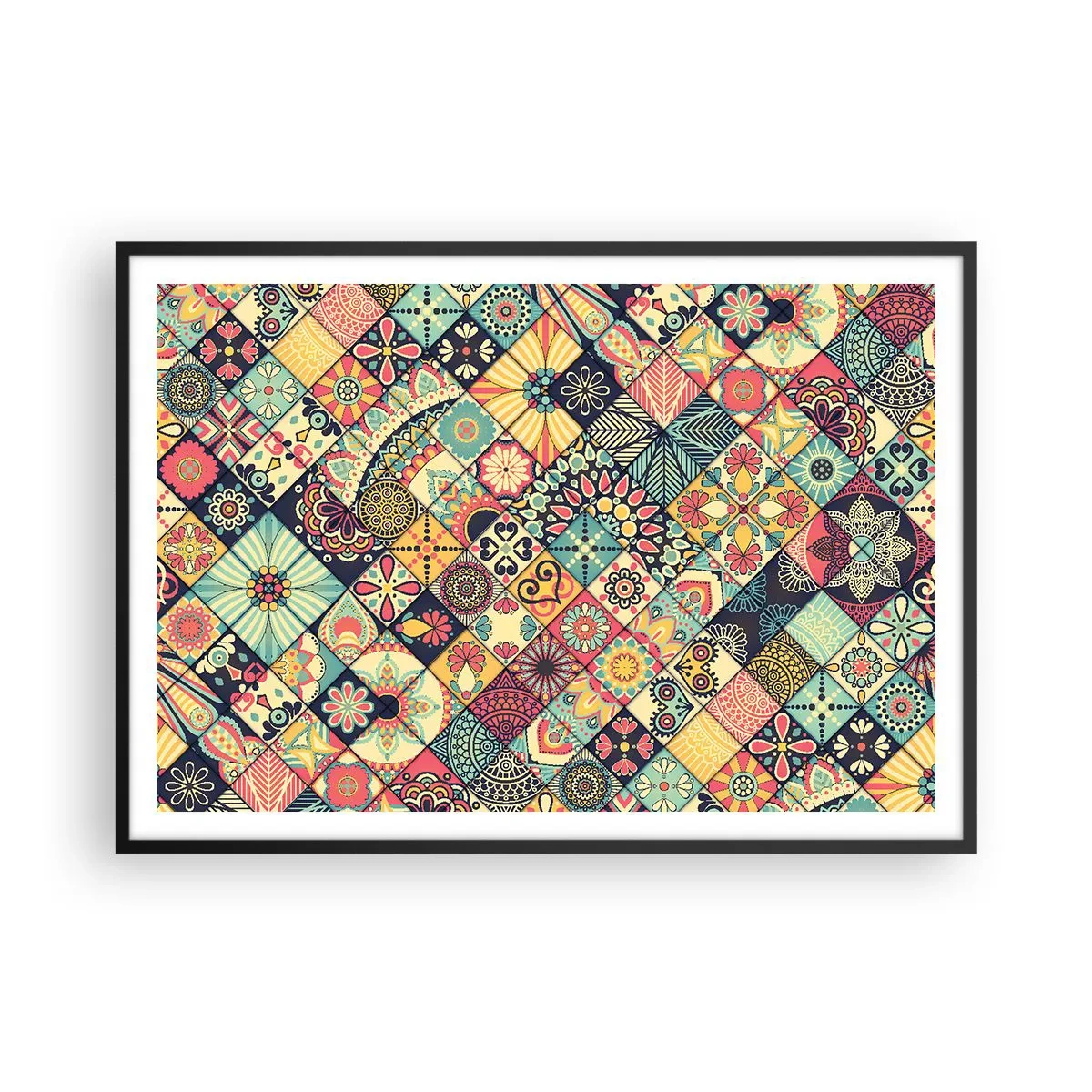 Affiche dans un cadre noir - Poster - Motifs géométriques colorés inspirés du style marocain - 100x70cm - Ambiance marocaine - Décoration murale moderne pour le salon et la chambre ARTTOR