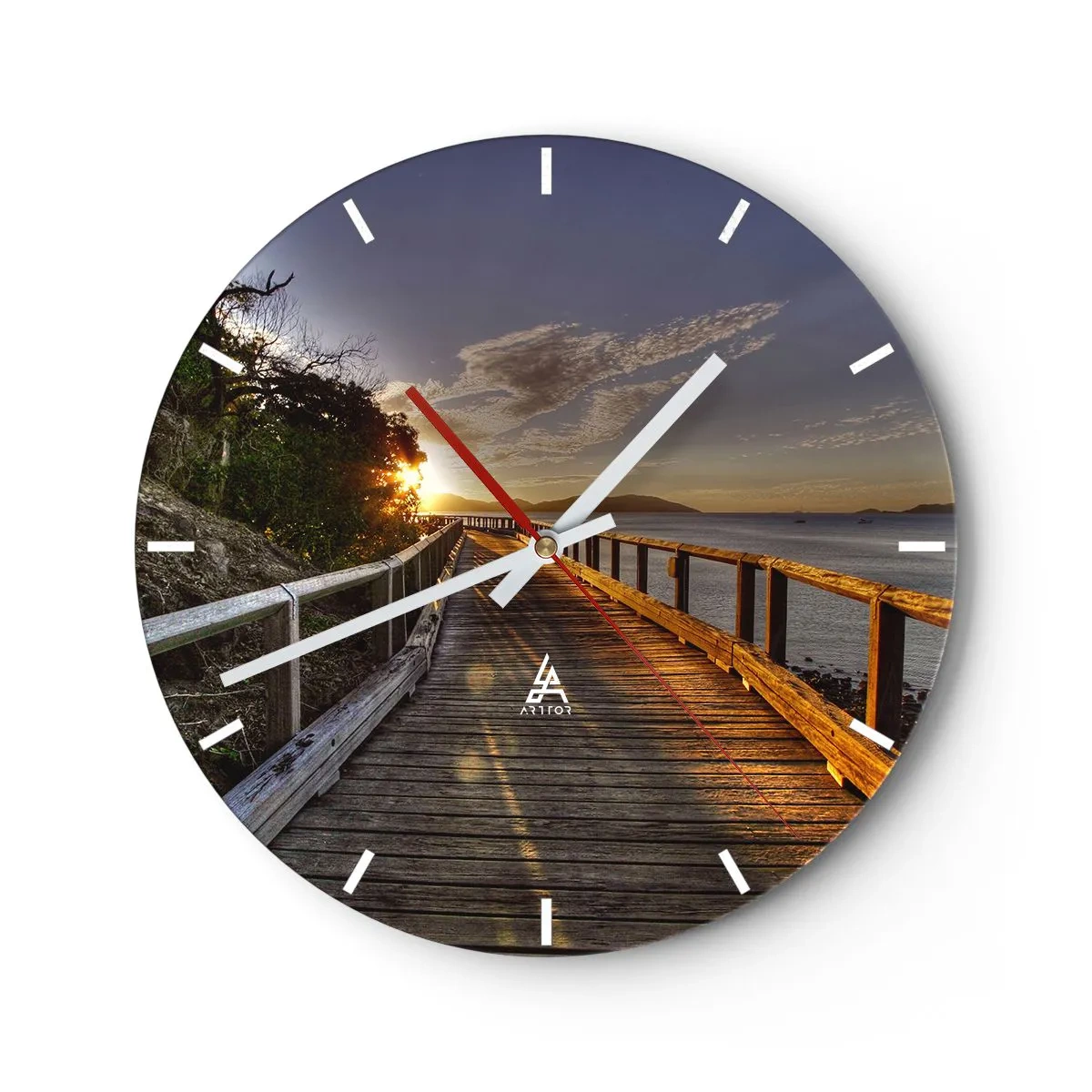 Horloge murale - Pendule murale - Une jetée sur l'eau au coucher du soleil - 30x30cm - Aller, aller tout le temps en direction du soleil - Décoration murale moderne pour le salon, la cuisine et la chambre ARTTOR