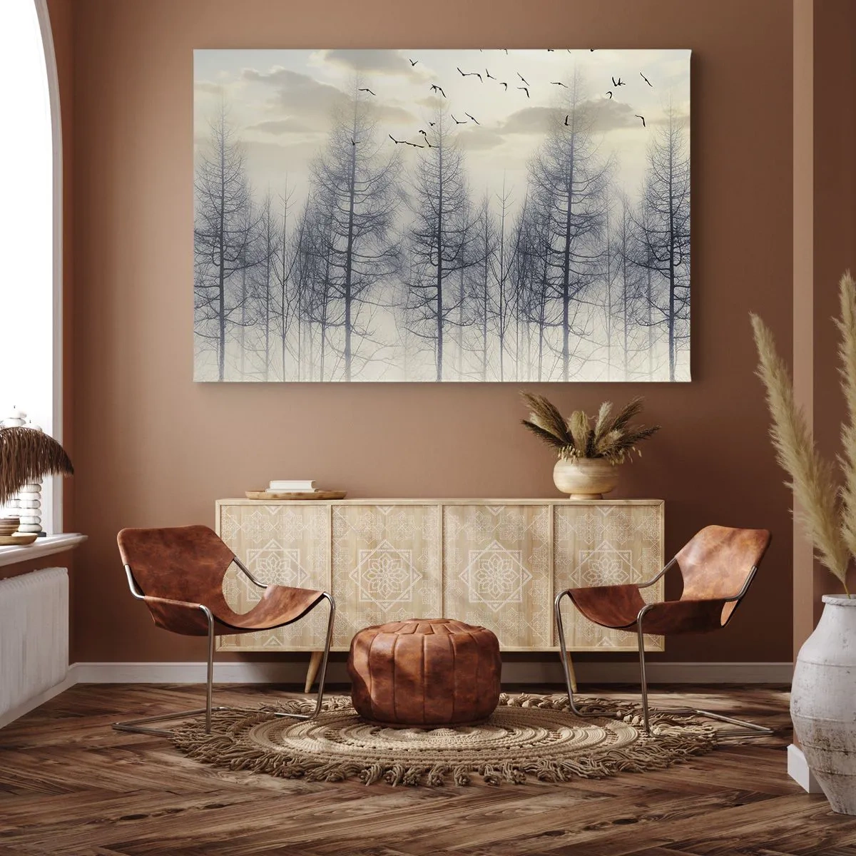 Impression sur toile - Image sur toile - Forêt brumeuse avec des oiseaux contre le ciel du coucher du soleil - 120x80cm - L'âme de la forêt - Décoration murale moderne pour le salon et la chambre ARTTOR