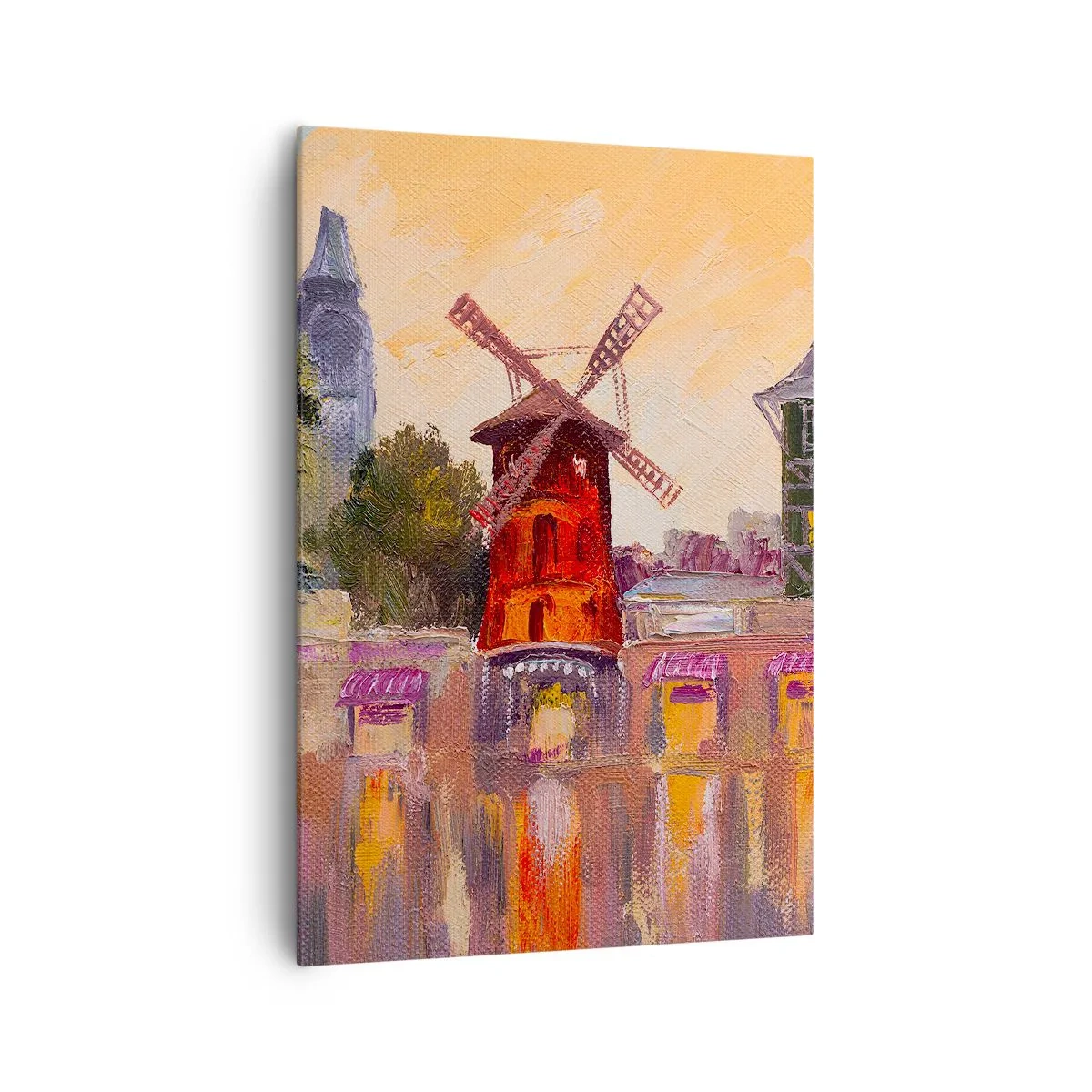 Impression sur toile - Image sur toile - Le moulin à vent rouge du Moulin Rouge entouré par le paysage urbain - 70x100cm - Icones parisiennes – le Moulin rouge - Décoration murale moderne pour le salon et la chambre ARTTOR
