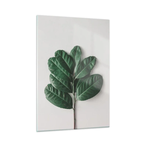 Impression sur verre - Image sur verre - Une branche avec des feuilles vertes sur un fond clair - 50x70cm - Dessin de la nature elle-même - Décoration murale moderne pour le salon et la chambre ARTTOR