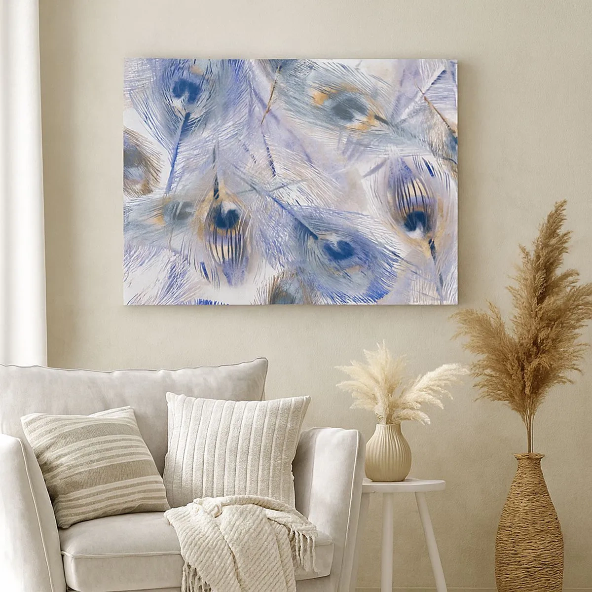 Impression sur toile - Image sur toile - Un motif avec des plumes de paon dans des tons de bleu et d'or - 70x50cm - Composition de paon - Décoration murale moderne pour le salon et la chambre ARTTOR
