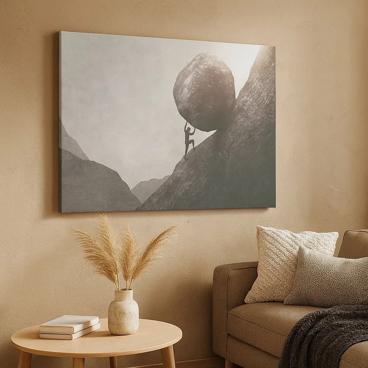 Impression sur toile - Image sur toile - Un homme escaladant un énorme rocher sur une colline - 70x50cm - Je crois contre tout espoir - Décoration murale moderne pour le salon et la chambre ARTTOR