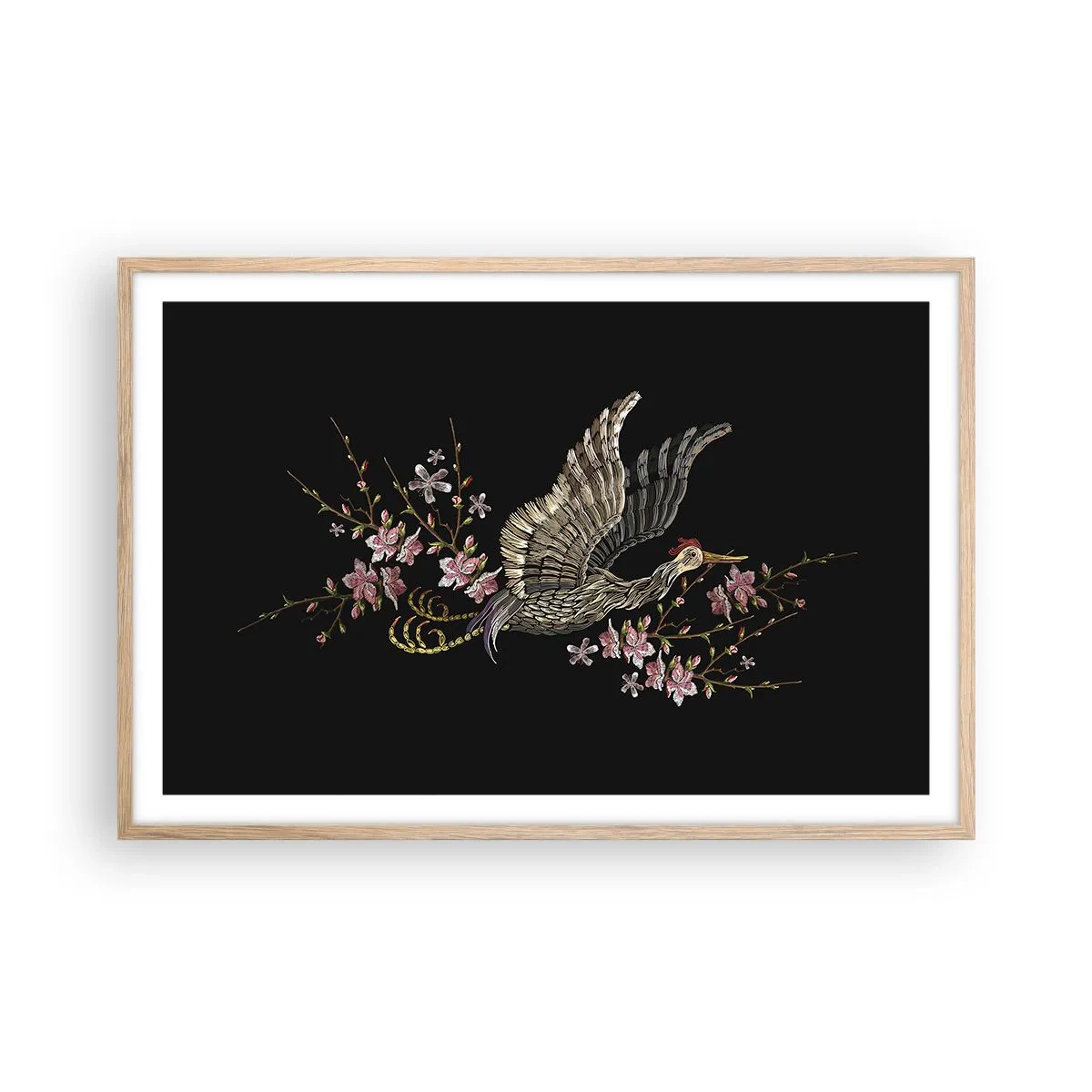 Affiche dans un chêne clair - Poster - Oiseau brodé exotique - 91x61 cm