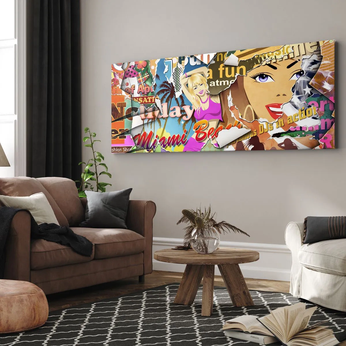 Impression sur toile - Image sur toile - Un collage coloré avec des éléments rétro et pop art. - 120x50cm - Souvenirs de vacances - Décoration murale moderne pour le salon et la chambre ARTTOR