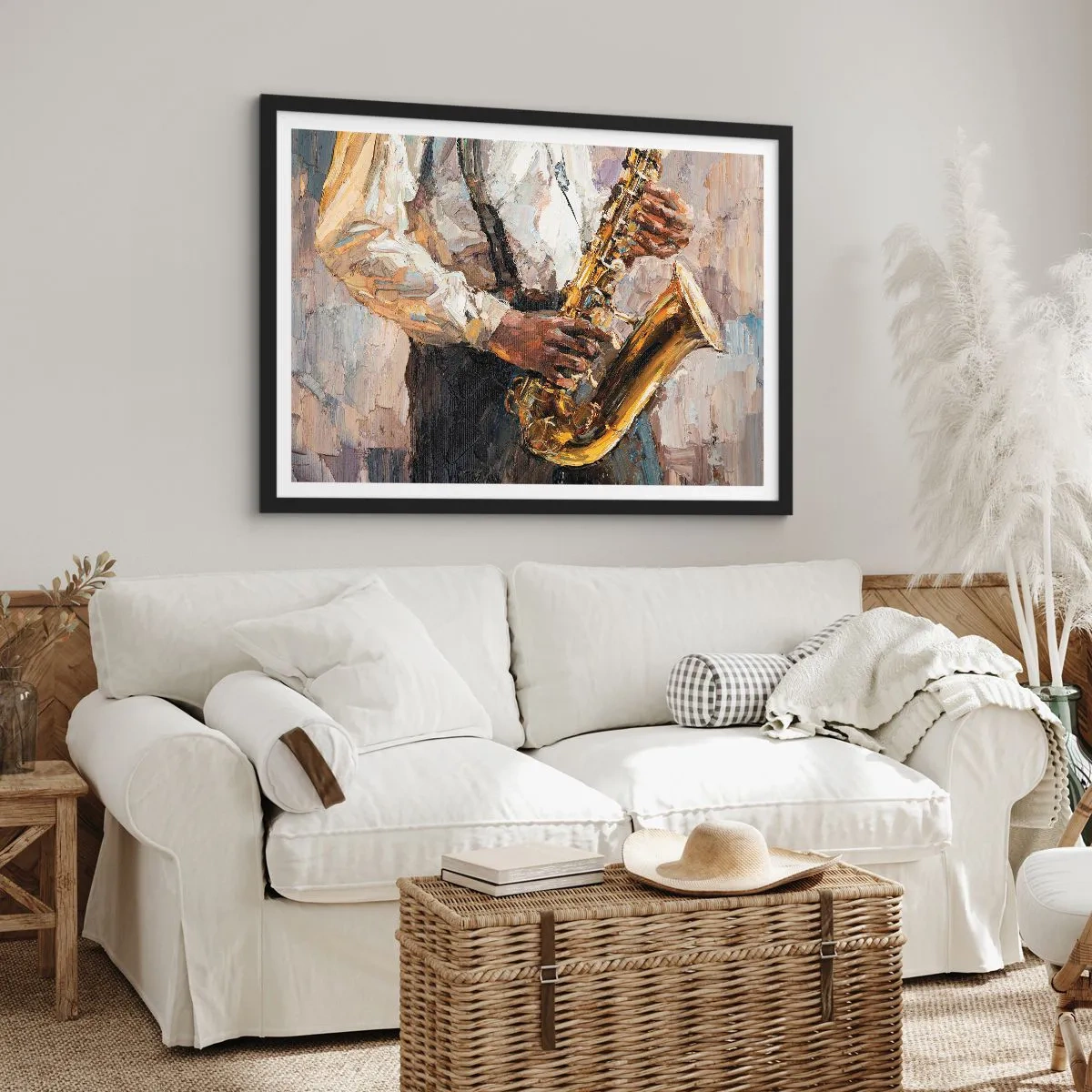 Affiche dans un cadre noir - Poster - Un musicien jouant du saxophone dans un style artistique - 70x50cm - C'est l'heure du solo - Décoration murale moderne pour le salon et la chambre ARTTOR