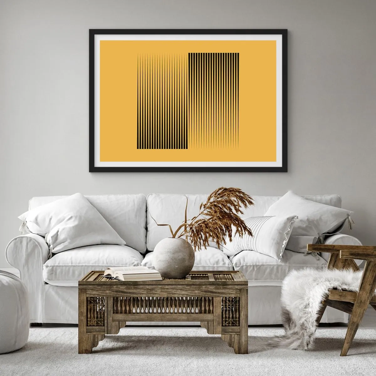 Affiche dans un cadre noir - Poster - Lignes noires verticales sur fond jaune - 70x50cm - Cadre opposé - Décoration murale moderne pour le salon et la chambre ARTTOR
