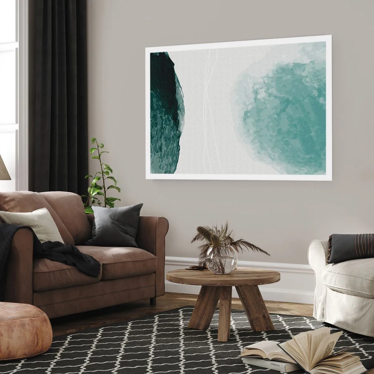 Affiche - Poster - Une délicate composition abstraite dans des tons de vert avec des formes subtiles sur un fond clair. - 100x70cm - Rencontre avec le brouillard - Décoration murale moderne pour le salon et la chambre ARTTOR