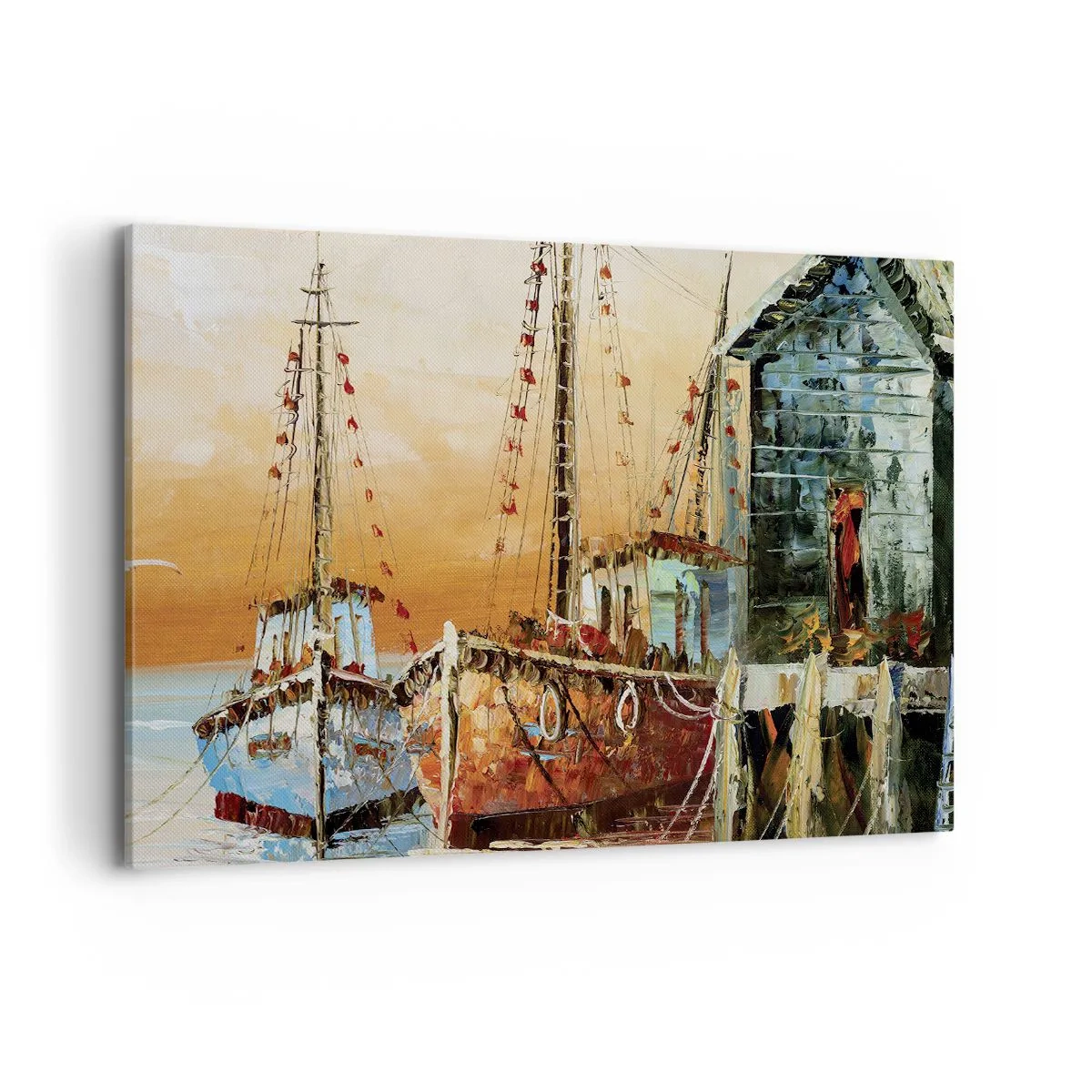 Impression sur toile - Image sur toile - Bateaux sur le rivage dans la chaude lumière du coucher de soleil - 120x80cm - Retour tranquille - Décoration murale moderne pour le salon et la chambre ARTTOR