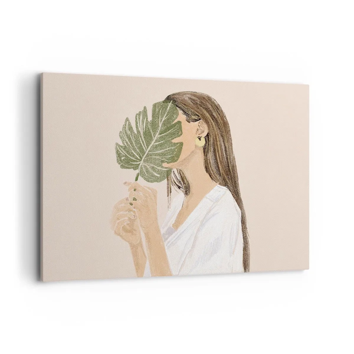 Impression sur toile - Image sur toile - Portrait d'une femme avec une feuille de monstera sur fond beige - 100x70cm - Portrait mystérieux avec un éventail - Décoration murale moderne pour le salon et la chambre ARTTOR