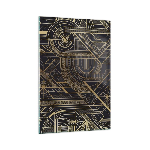 Impression sur verre - Image sur verre - Motifs géométriques dorés sur fond noir dans le style Art Déco - 70x100cm - Concept, idée, plan - Décoration murale moderne pour le salon et la chambre ARTTOR