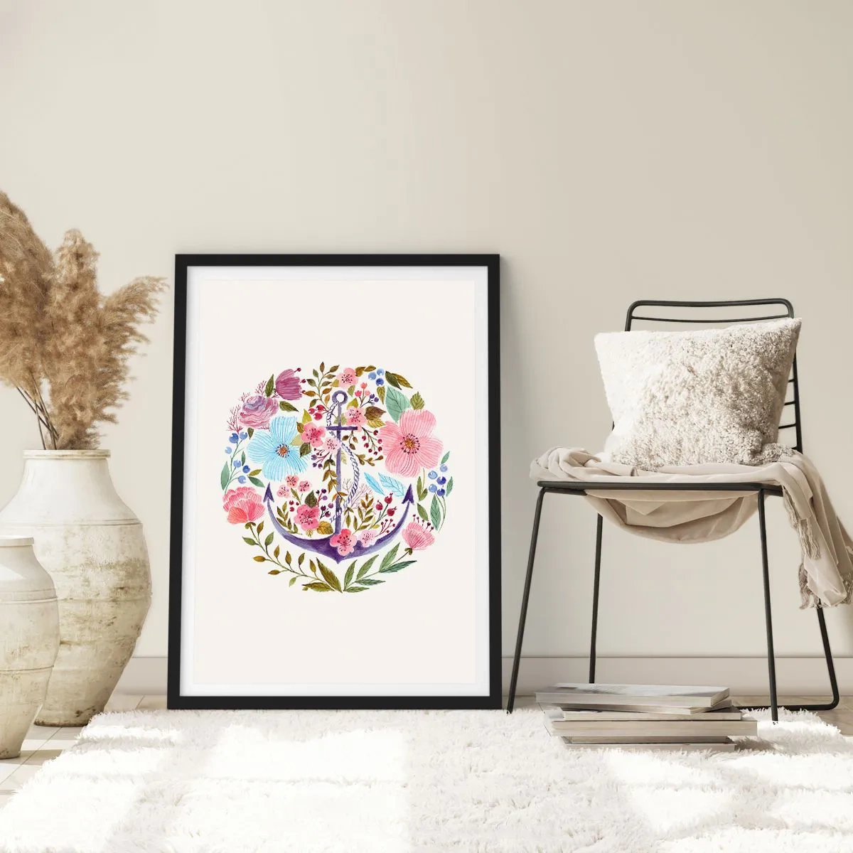 Affiche dans un cadre noir - Poster - Une ancre aquarelle entourée de fleurs sur un fond clair. - 50x70cm - Le beau rêve du marin - Décoration murale moderne pour le salon et la chambre ARTTOR