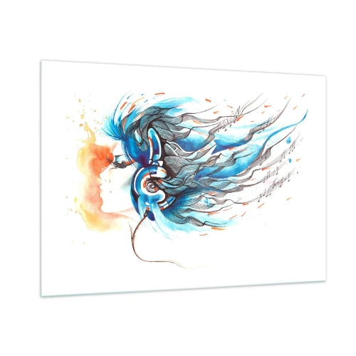 Impression sur verre - Image sur verre - Une femme aux cheveux bleus et portant un casque, dans une expression musicale - 100x70cm - Que la musique joue - Décoration murale moderne pour le salon et la chambre ARTTOR