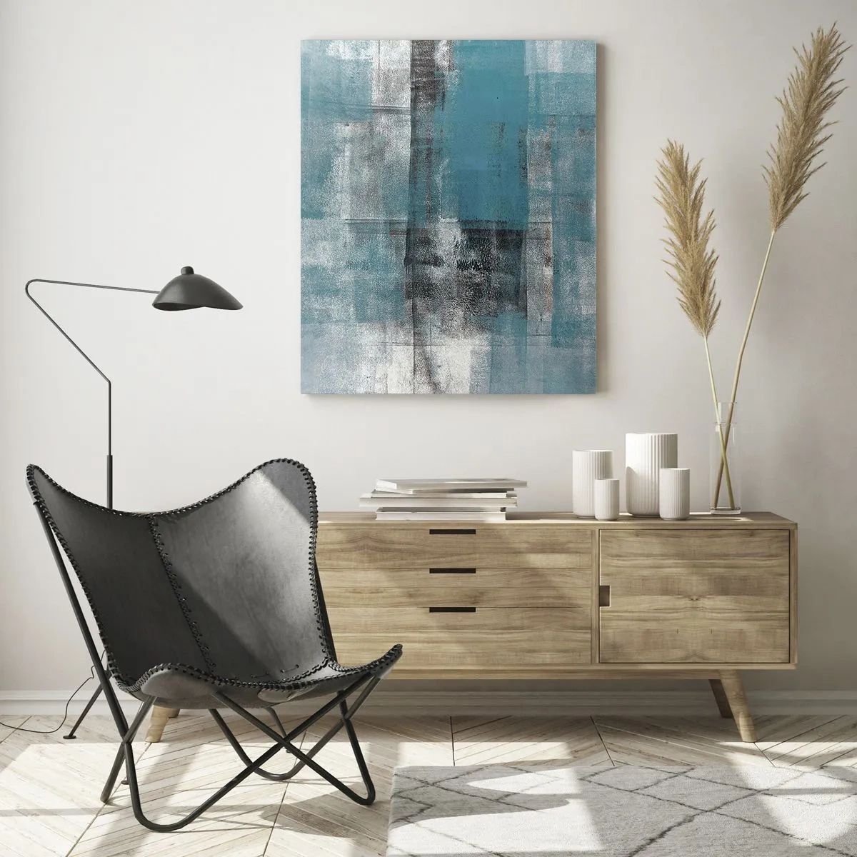 Impression sur verre - Image sur verre - Abstraction dans les tons de bleu et de gris avec des formes géométriques - 50x70cm - Eau et air - Décoration murale moderne pour le salon et la chambre ARTTOR