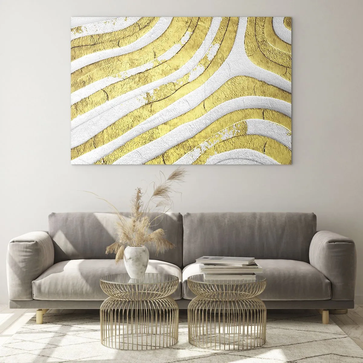 Impression sur verre - Image sur verre - Vagues abstraites dorées et blanches avec un effet texturé - 120x80cm - Composition en blanc et or - Décoration murale moderne pour le salon et la chambre ARTTOR