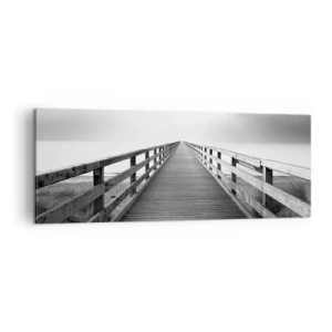 Impression sur toile - Image sur toile - Une image en noir et blanc d'une jetée en bois menant vers l'horizon. - 140x50cm - A perte de vue... - Décoration murale moderne pour le salon et la chambre ARTTOR