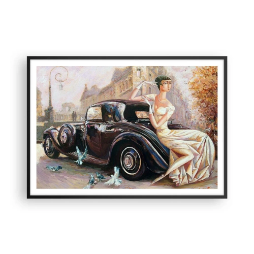 Affiche dans un cadre noir - Poster - Femme rétro à côté d'une voiture classique - 100x70cm - L'élégance dans un style rétro - Décoration murale moderne pour le salon et la chambre ARTTOR