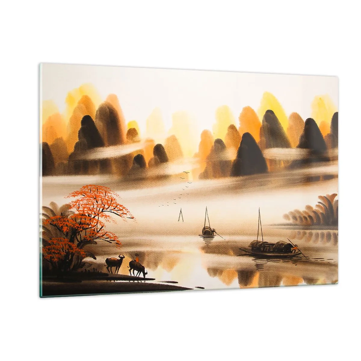 Impression sur verre - Image sur verre - Paysage oriental avec bateaux et montagnes dans le brouillard - 120x80cm - Plus loin que l'Extrême-Orient - Décoration murale moderne pour le salon et la chambre ARTTOR