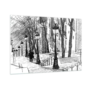 Impression sur verre - Image sur verre - Dessin en noir et blanc d'une rue de la ville avec des lanternes - 100x70cm - Une histoire d'amour ou une histoire d'horreur ? - Décoration murale moderne pour le salon et la chambre ARTTOR