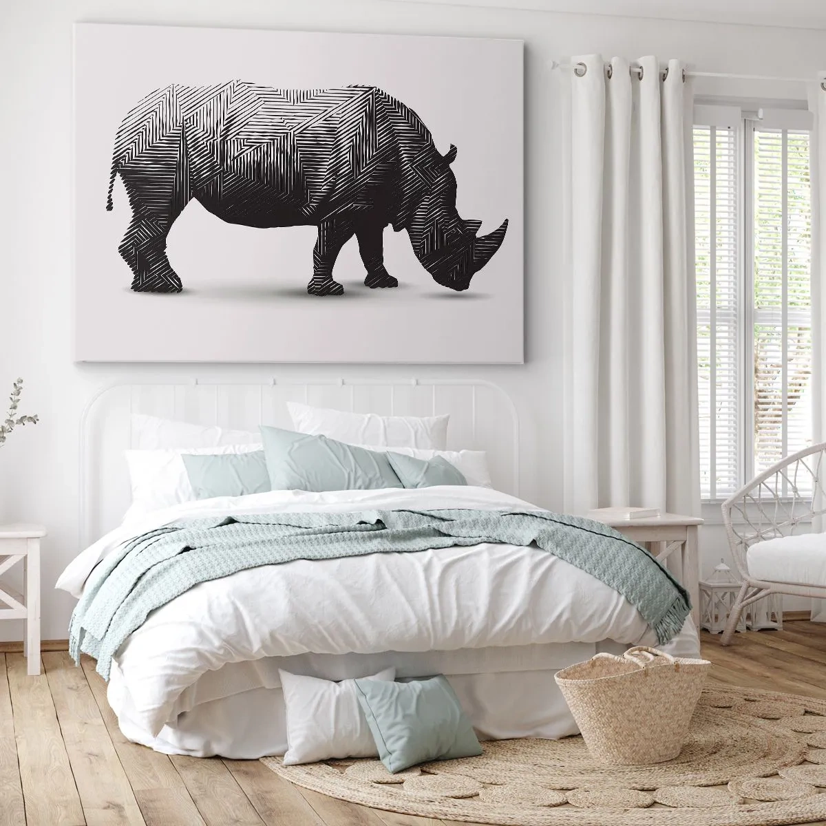 Impression sur toile - Image sur toile - Silhouette graphique d'un rhinocéros dans un motif noir et blanc - 120x80cm - Beauté géométrique de la nature - Décoration murale moderne pour le salon et la chambre ARTTOR