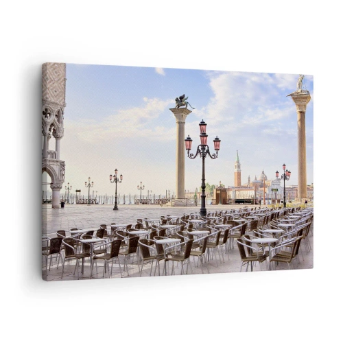 Impression sur toile - Image sur toile - Venise, vue de la place avec des colonnes et des tables de café - 70x50cm - Nous vous invitons, tout est prêt - Décoration murale moderne pour le salon et la chambre ARTTOR