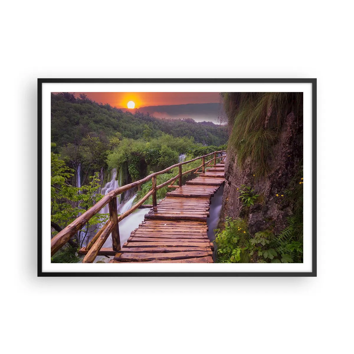 Affiche dans un cadre noir - Poster - Un pont surplombant les cascades au coucher du soleil - 100x70cm - La beauté au-delà de la croyance - Décoration murale moderne pour le salon et la chambre ARTTOR