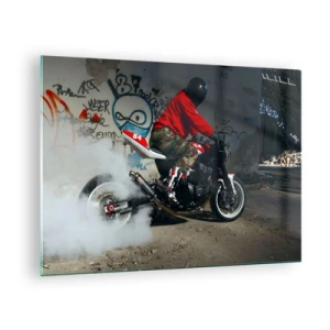 Impression sur verre - Image sur verre - Motocycliste en action dans un environnement industriel - 70x50cm - Pourchassez moi! - Décoration murale moderne pour le salon et la chambre ARTTOR