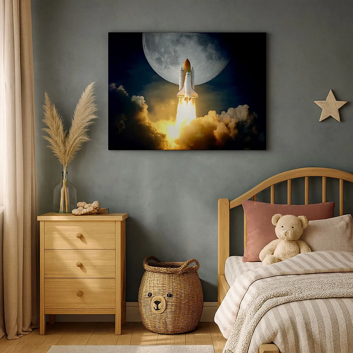 Impression sur toile - Image sur toile - Une fusée décollant sur fond de pleine lune entourée de nuages dynamiques. - 70x50cm - Le début d'une aventure surnaturelle - Décoration murale moderne pour le salon et la chambre ARTTOR