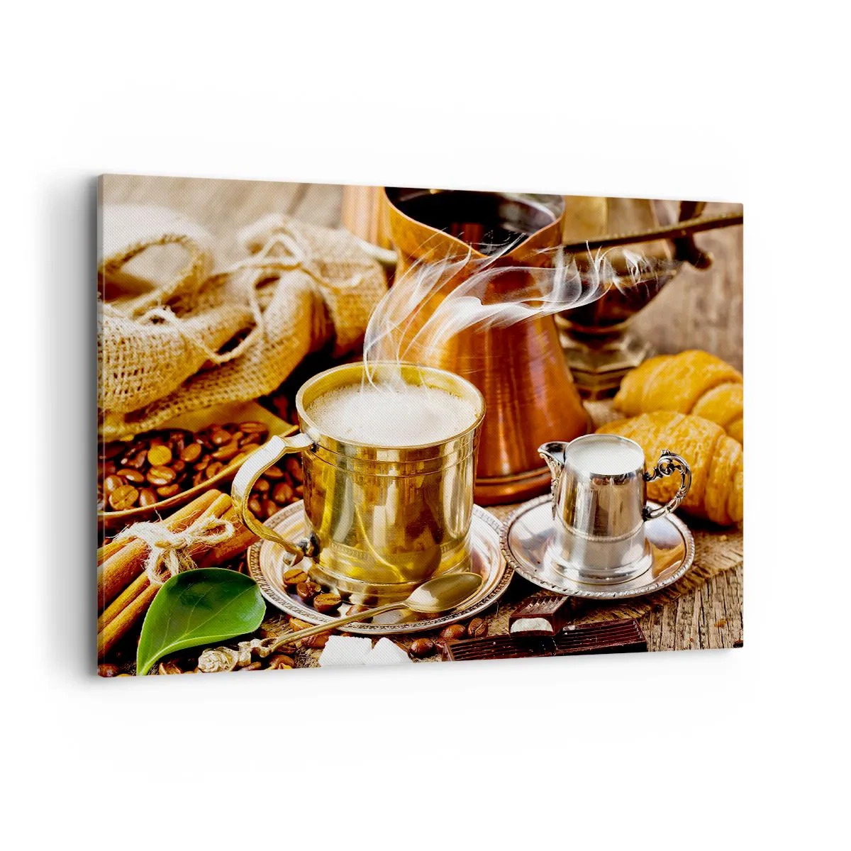 Impression sur toile - Image sur toile - Une tasse de café dorée entourée de grains, de cruches et de croissants - 100x70cm - Bonne journée! - Décoration murale moderne pour le salon et la chambre ARTTOR