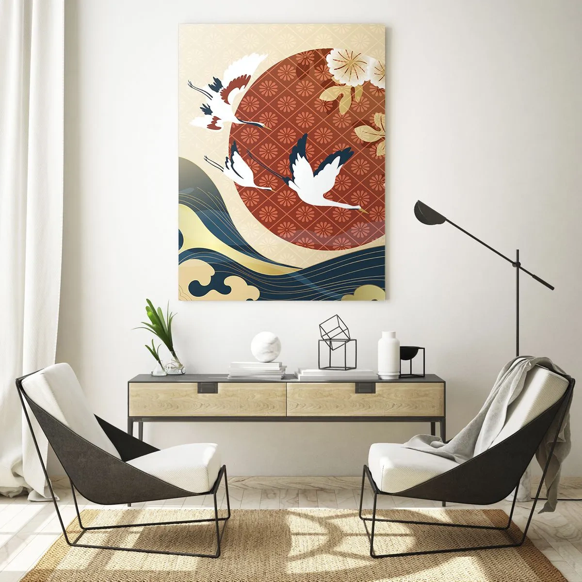 Impression sur verre - Image sur verre - Composition japonaise avec des grues et des vagues - 70x100cm - Conte japonnais - Décoration murale moderne pour le salon et la chambre ARTTOR