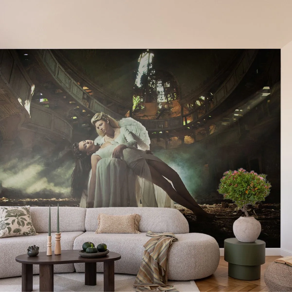 Papier Peint Photo Premium Sand - Un ange tenant une femme dans un bâtiment abandonné. - 100x70cm - L'esprit du théâtre ancien - Décoration murale moderne pour le salon et la chambre ARTTOR