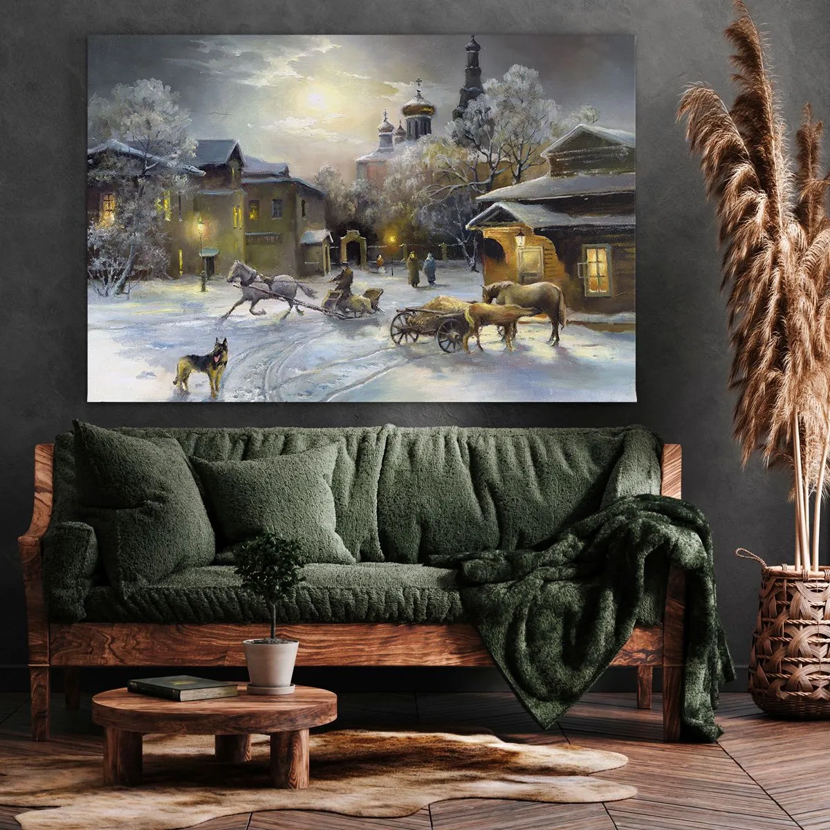 Impression sur toile - Image sur toile - Paysage d'hiver dans une ville russe avec un traîneau et une église - 70x50cm - La magie de l'hiver russe - Décoration murale moderne pour le salon et la chambre ARTTOR