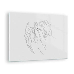 Impression sur verre - Image sur verre - Un dessin minimaliste d'un couple dans un baiser romantique - 70x50cm - La même ligne - Décoration murale moderne pour le salon et la chambre ARTTOR