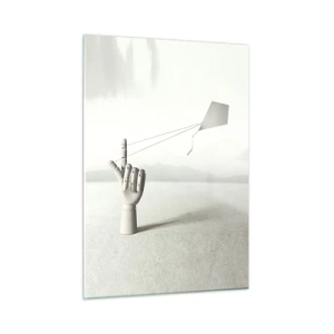 Impression sur verre - Image sur verre - Une main en bois tenant un cerf-volant flottant sur son doigt - 50x70cm - Épreuve de force - Décoration murale moderne pour le salon et la chambre ARTTOR