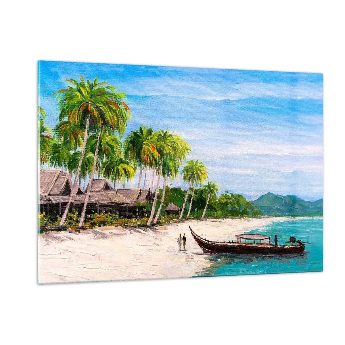 Impression sur verre - Image sur verre - Plage tropicale avec un bateau et des palmiers à côté de huttes traditionnelles - 120x80cm - Rêve exotique - Décoration murale moderne pour le salon et la chambre ARTTOR