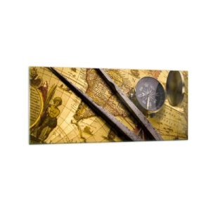 Impression sur verre - Image sur verre - Une carte du monde antique avec une boussole et un compas en arrière-plan - 120x50cm - Où sont ces trésors? - Décoration murale moderne pour le salon et la chambre ARTTOR