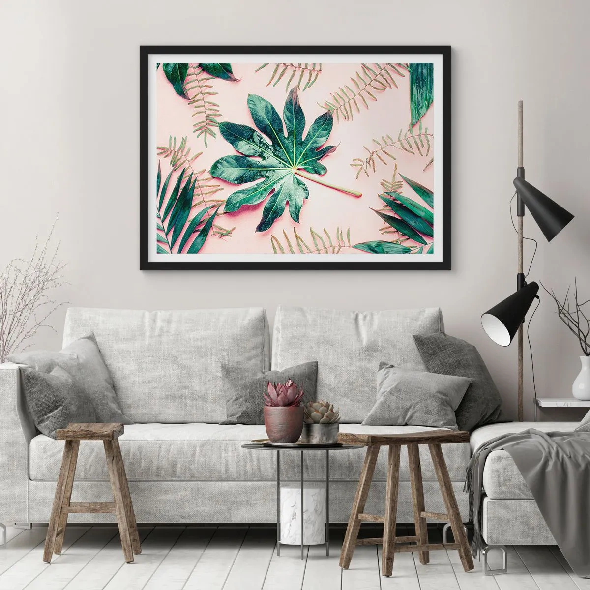 Affiche dans un cadre noir - Poster - Feuilles tropicales sur fond pastel clair - 100x70cm - Étude de verdure sur fond rose - Décoration murale moderne pour le salon et la chambre ARTTOR