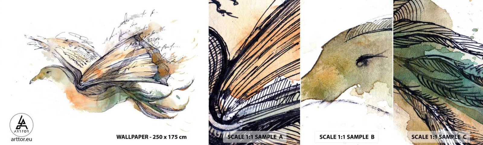 Échantillon de Papier Peint Autocollant Deluxe Sticker - Sur les ailes de la poésie - Abstraction, Oiseau, Livre - 100x30 cm