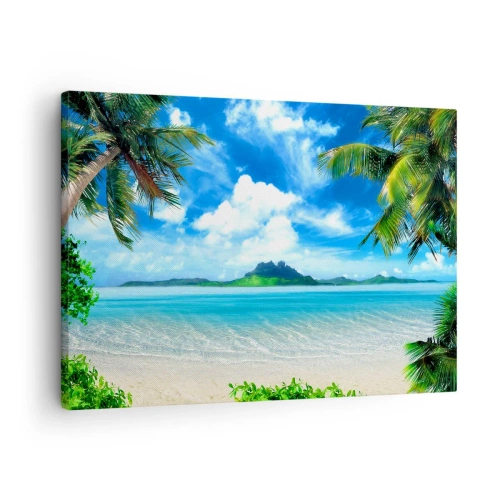 Impression sur toile - Image sur toile - Plage tropicale avec palmiers et vue sur l'île - 70x50cm - L'azur des tropiques - Décoration murale moderne pour le salon et la chambre ARTTOR