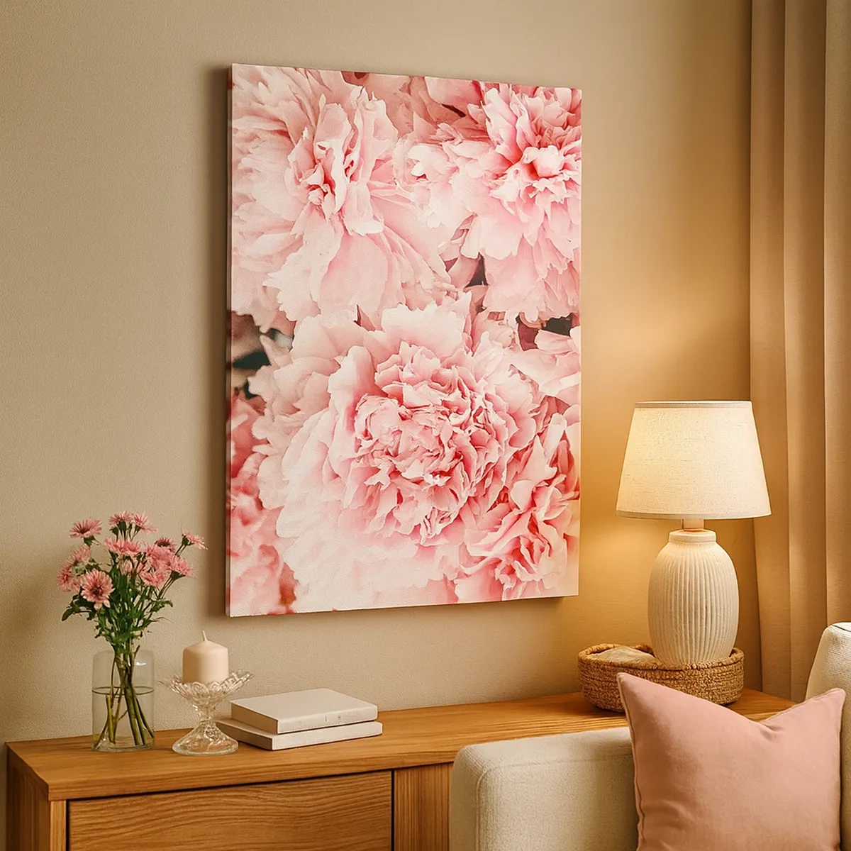 Impression sur toile - Image sur toile - Pivoines roses subtiles dans un décor délicat - 50x70cm - Rêve rose - Décoration murale moderne pour le salon et la chambre ARTTOR