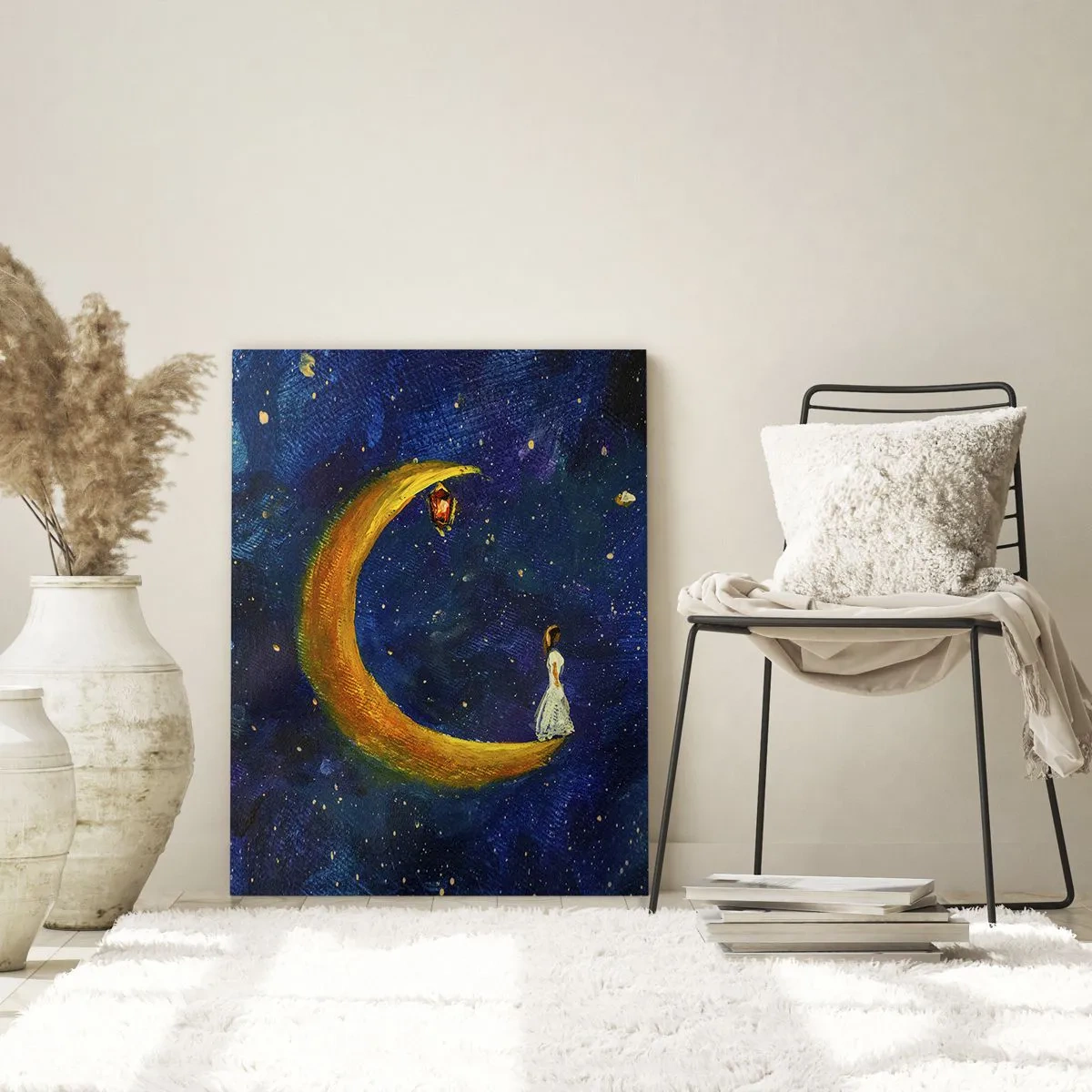 Impression sur verre - Image sur verre - Une fille debout sur la lune dans un ciel étoilé - 80x120cm - Appel du monde - Décoration murale moderne pour le salon et la chambre ARTTOR