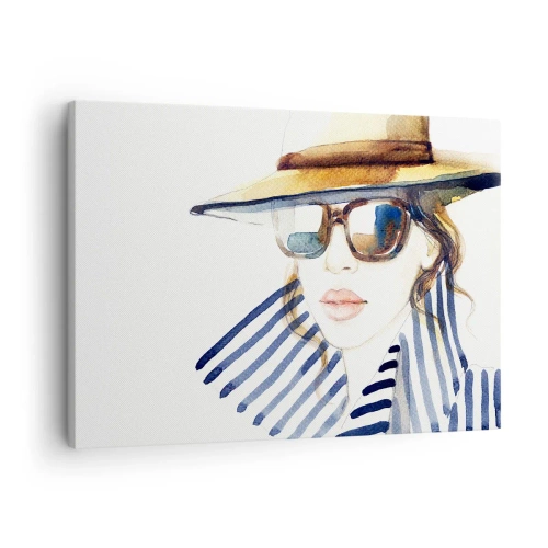 Impression sur toile - Image sur toile - Portrait d'une femme portant un chapeau et des lunettes de soleil - 70x50cm - La Floride vous souhaite la bienvenue ! - Décoration murale moderne pour le salon et la chambre ARTTOR