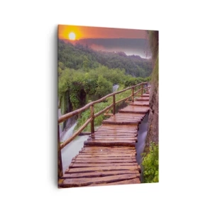 Impression sur toile - Image sur toile - Un pont surplombant les cascades au coucher du soleil - 70x100cm - La beauté au-delà de la croyance - Décoration murale moderne pour le salon et la chambre ARTTOR