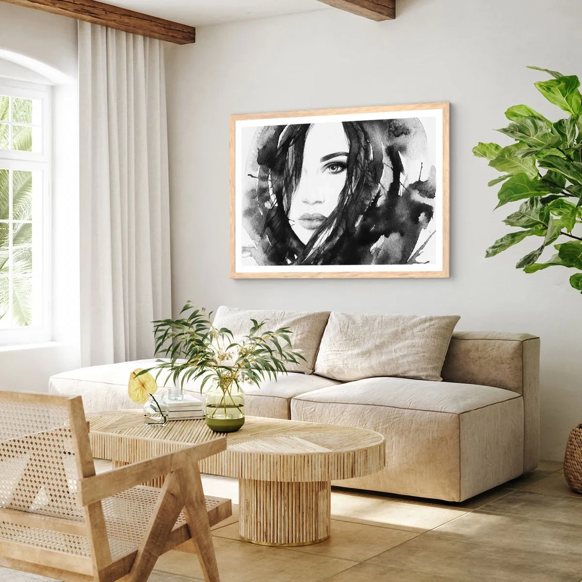 Affiche dans un chêne clair - Poster - Portrait d'une dame en noir et blanc - 50x40 cm